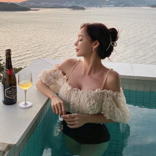 New Korean Sexy Swimsuit Suspenders One-Shoulder Lace Pattern Short-Sleeved Thin And Belly-Covering Hot Spring Vacation Swimwear