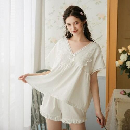 White Sexy Women Sleep Nightwear V Neck Night Lace Bow Cotton Pajama Sets Sleepwear 2 Pieces Shorts Homewear