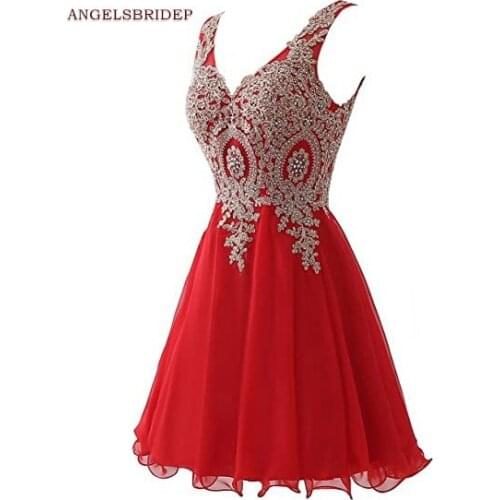 New Arrival Gold Appliques Tulle Homecoming Dresses V-Neck Tank A-Line Above Knee Length Elegant Cocktail Dresses Back Zipper