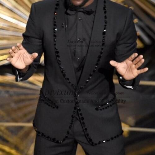 Luxury Black Prom Men Suits for Wedding Slim fit 2 Piece Rhinestone Blazer with Pants 2020 Male Clothes Groom Tuxedo New Costume