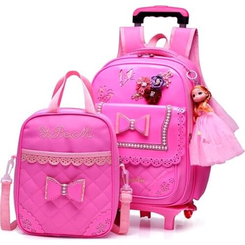 2 wheels Trolley Backpack For Children PU Waterproof Fashion bow-knot Pattern School Bag Detachable Backpack For Girls