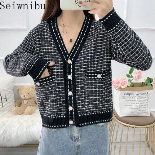 Seiwnibu Autumn Women Vintage Knitted Cardigans V-neck Ladies High Quality Plaid Loose Single Breasted Elegant Cardigan Sweaters