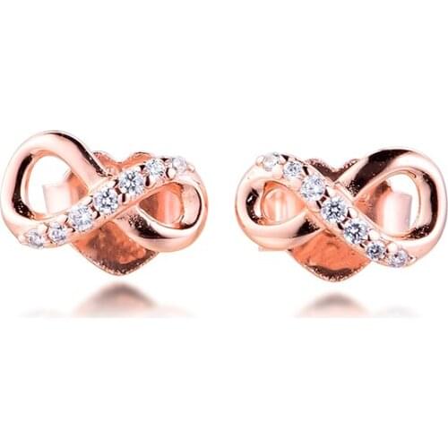 Authentic 925 Sterling Silver Rose Gold Sparkling Infinity Stud Earrings for Women Fine Jewelry Sterling-Silver-Jewelry brincos