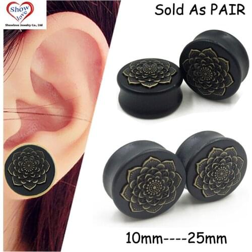 Showlove-PAIR Black Wood Copper Mandala Flower Logo Saddle Plugs Ear Tunnel Plugs Gauge Piercing Expander Stretcher