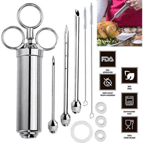 Stainless Steel Marinade Spice Roast Curing Syringe With 3 Different Needles And 2 Brushes Set For Meat Injectors