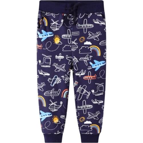 Autumn New Baby Boys Cartoon Aircraft Print Blue Trousers Fashion Girl Clothes Cotton Elastic Waist Outwear Sports Pants Kids