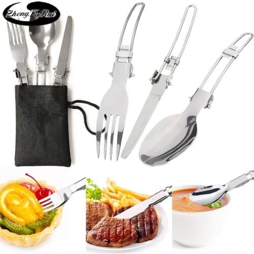 Stainless steel outdoor camping tableware portable travel folding tableware three-piece stainless steel folding cutlery