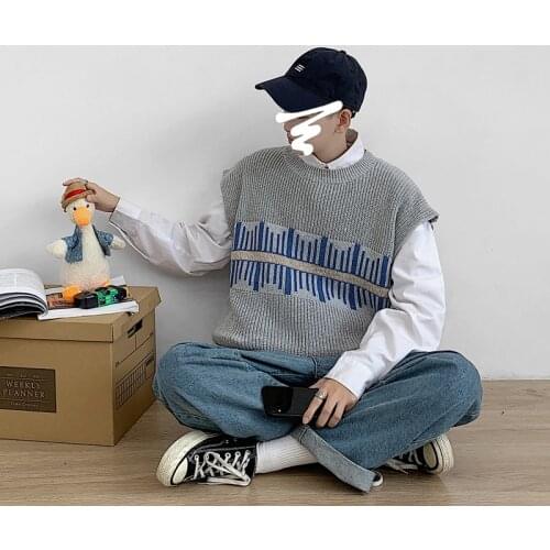 Spring And Autumn Mens Knitted Sleeveless Vest Korean Casual Fashion Loose Harajuku Street Sweater Vest Men Couple Sweater Vest