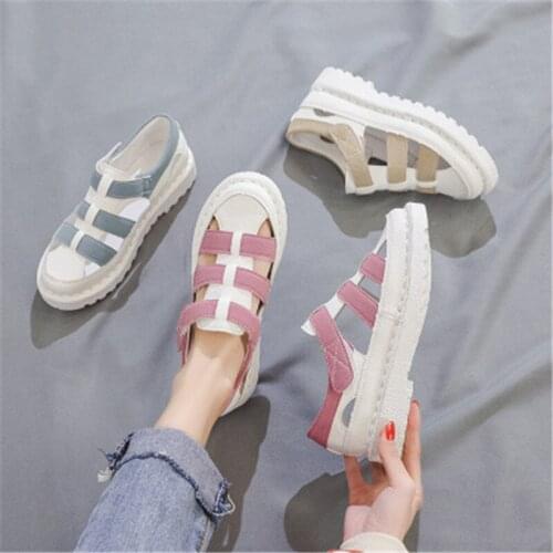 2021 New Womens Hollow Shoes Fashion Summer Sandals Flat Bottom Rome Sandals College Wind White Blue Pink Size 35-40