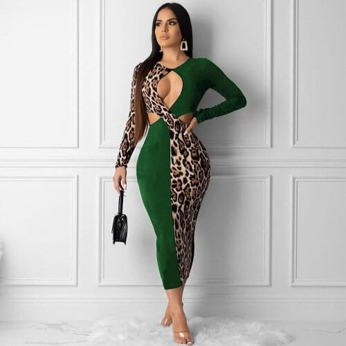 Women Elegant Celebrity Party Bodycon Bandage Dress Sexy Hollow Out Long Sleeve Leopard Patchwork Nightclub Midi Dress Vestidos