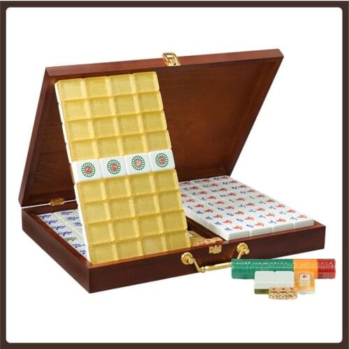 Gold Crystal Chinese Mahjong Set Full Size High Quality Travel Resin Standard Chess Game Family Jogo De Tabuleiro Tournament Set