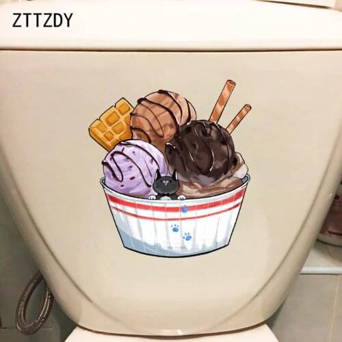 ZTTZDY 18.3*19.8CM Cartoon Hand Drawn Cute Kitten Ice Cream Kids Rooms Wall Sticker Toilet Seat Stickers T2-0006
