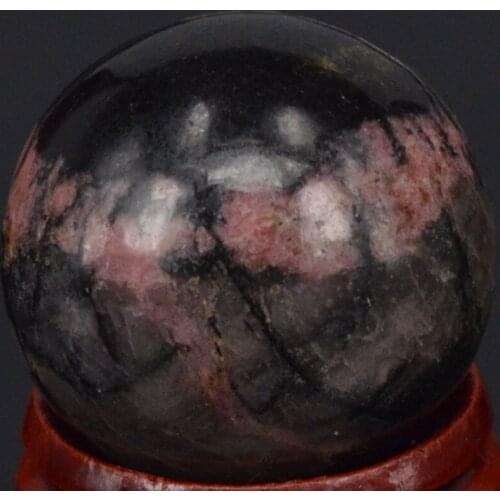1.2")30MM Natural Pink & Black Rhodonite Sphere Globe Ball Chakra Healing Reiki Stone Carving Crafts,Minerals With Stand