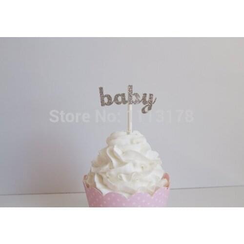Cheap Gender Reveal Silver Glitter Baby Cupcake Toppers Baby Shower/Gender Reveal cupcake decor toppers