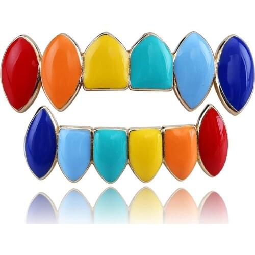 Hip Hop Gold Tekashi69 Rainbow Teeth Grillz Top&Bottom Colorful Grills Dental Halloween Vampire Teeth