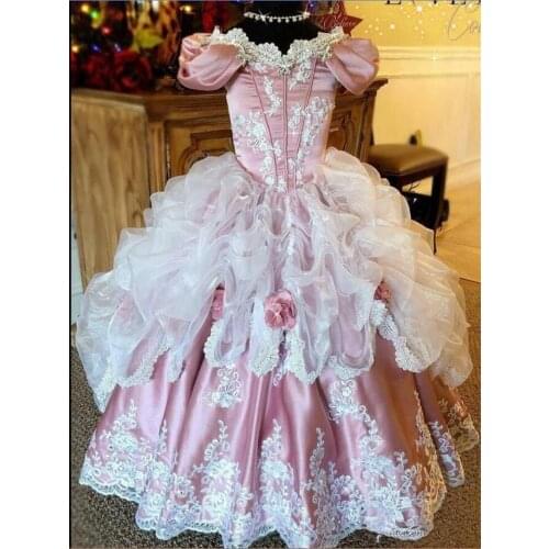 Custom Flower Girl Dress Applique Lace Beading Princess Party Dress Lace Up Back Girls Birthday Gown Size 1-14Years