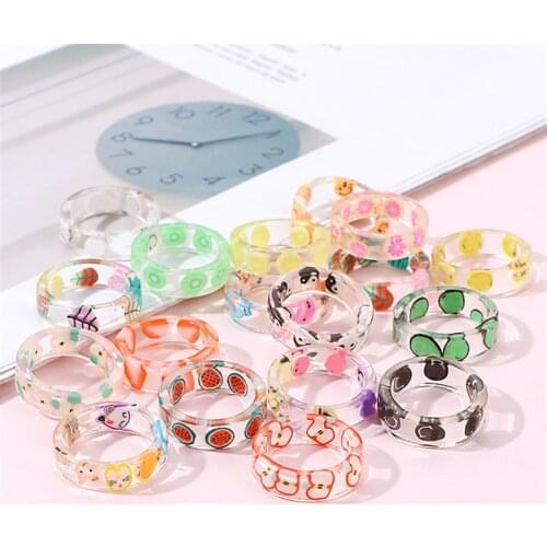 Cute Geometric Round Transparent Colorful Acrylic Resin Smiley Fruit Leaves Alien Yin Yang Finger Ring For Women Party Jewelry