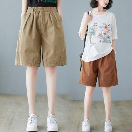 Summer retro cotton casual pants women elastic waist slim straight-leg pants loose and versatile five-point pants