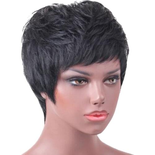 Fashion Short Curly Wig Human Hair Black Pixie Cut Wig with Flat Bangs