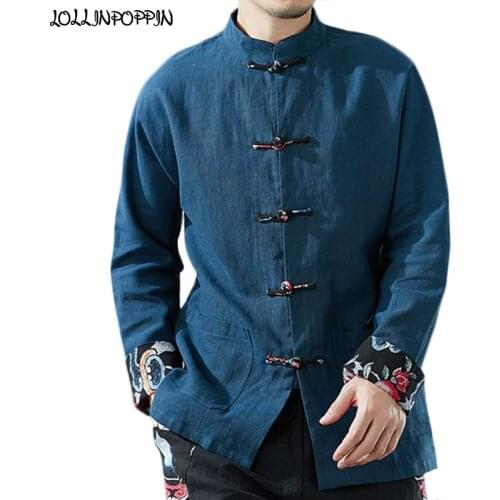 Printed Cuffs Mens Frog Closure Long Sleeve Linen Shirt Mandarin Collar Chinese Style Men Casual Shirts Stand Collar