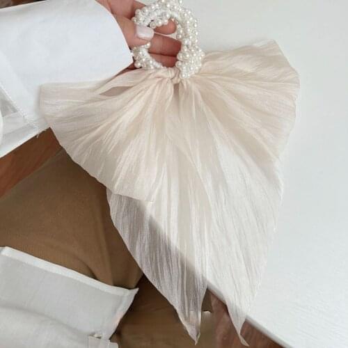 Summer New Chiffon Ribbon Elastic Hairband Elegant Lady Pearl Long Ribbon Ponytail Scarf Hair Tie Scrunchies Girl Rubber Band