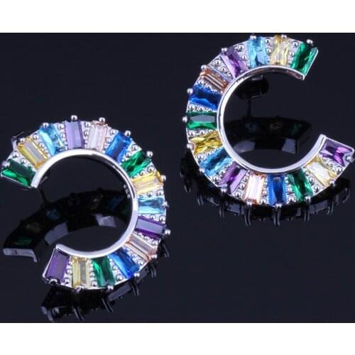 Gracious Half Moon Shape Multi-Gem Multi-Color Cubic Zirconia Silver Plated Stud Earrings V0183