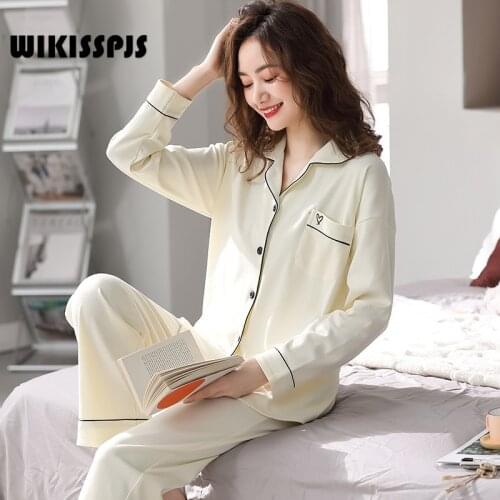 WIKISSPJS 2021 Spring Autumn Long Sleeve Pajamas Womens Cotton Lapel Cardigan Light Apricot Sleepwear Bedroom Set Lounge Wear