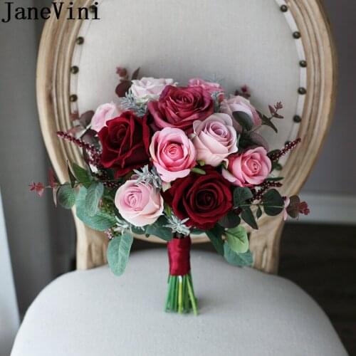 JaneVini Vintage Fall Silk Flowers Wedding Bouquet Bride Bride Chinese Dark Red Pink Roses Bridal Hand Bouquets Déco Mariage