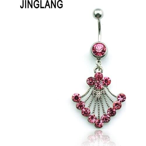 JINGLANF Piercing Jewelry Fashion Stainless Steel Belly Button Rings Dangle Pink Rhinestone Sector Navel Rings Jewelry