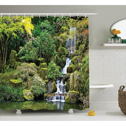 Country Home Shower Curtain Pond in Asian Style Garden Arboretum Trees Bush Foliage Rocks Waterscape Wall Decoration Curtains