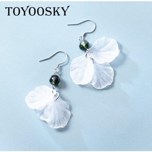 TOYOOSKY 2019 Summer Style Long White Petal Flower Drop Dangle Earrings For Women Eardrop 925 Silver DIY Handmade Jewelry