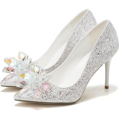 New Fashion Shallow Mouth Crystal with Shining Sequins Sexy High Heels Bridesmaid Wedding Women Shoes