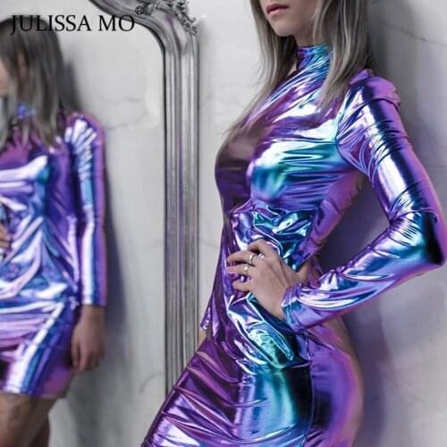 Julissa Mo Spring Summer Turtleneck Laser Flash Women Dress 2021 Long Sleeve Bodycon Mini Dresses Sexy Fashion Party Vestidos
