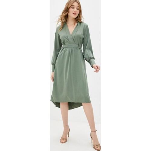 Women Casual Deep V neck Solid Belt Bow A line Long Lantern Sleeve Mid Dress Green Sexy Outing 2021 New Spring And Autumn Dress