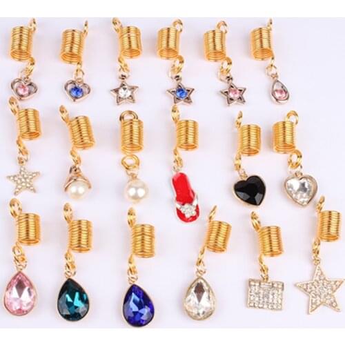 5pcs Golden spiral heart pearl rhinestone jewelry charms hair braid dread dreadlock beads cuffs rings tube hair accessories