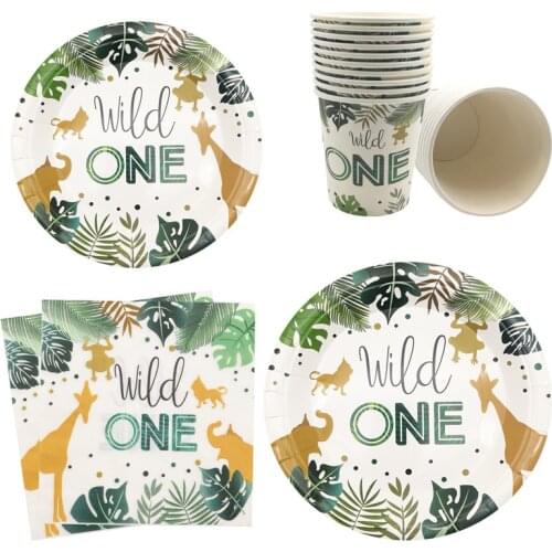 10Pcs Wild One Animal Zoo Birthday Paper Plates Cups Napkins Disposable Happy Birthday Baby Shower Party Decoration Supplies