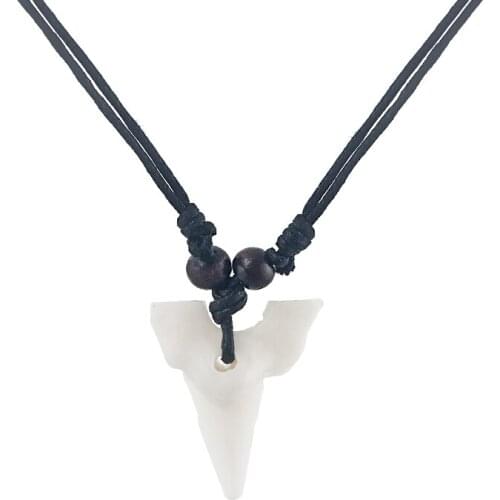 12pcs Imitation Yak Bone White Shark Teeth Shape Amulet Pendant Wax Cotton Cord Wood Beads Necklace DIY Fashion Jewelry