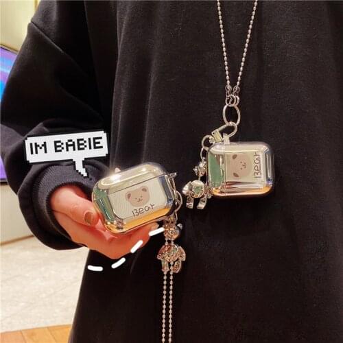 Electroplated Bear Plating Case for AirPods 12 3 pro Metal Neck Chain Soft Wireless Earphone Cover Headset Protective Capa #F0