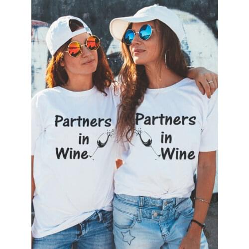 Women T Shirt Partners In Wine Glassess Print Best Friends Tee Shirt Short Sleeve O Neck Loose Women Tshirt Tops Camisetas Mujer