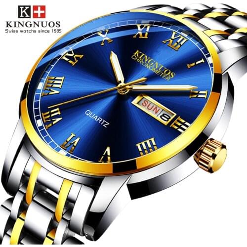 Dropshipping New Mens Watches Luminous Waterproof Gold Stainless Steel Quartz Watch Men Date Calendar Business Wristwatch XFCS