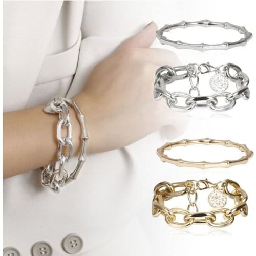 2Pcs Punk Metal Gold Silver Bamboo Bracelet Coin Disc Charm Chunky Link Chain Bracelet Bangles Kit Women Fashion Jewelry