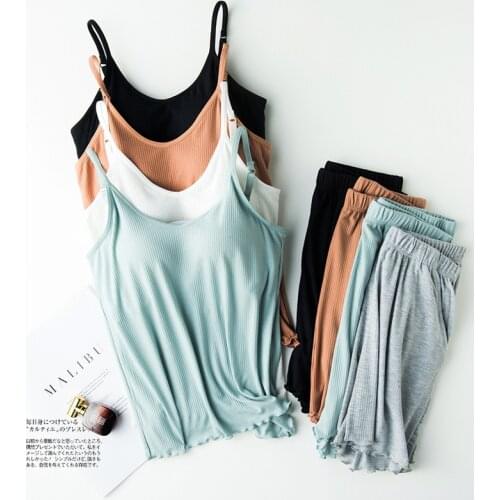 Japanese style 2021new thread set female beauty back without steel ring bra-t one with chest pad camisole shorts bottoming shir