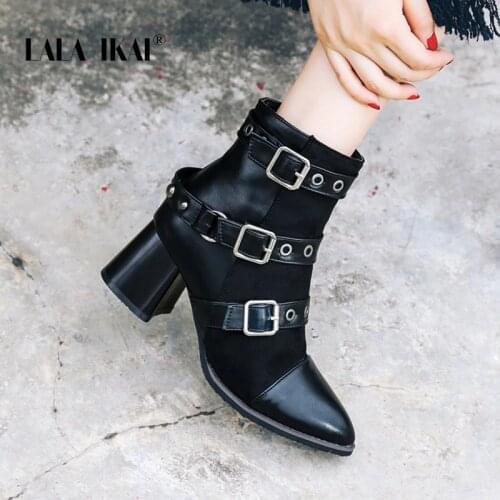 LALA IKAI Women Retro Ankle Boots Black Buckle Strap Motorcycle Boots Female Pu leather Autumn Winter Punk Heels Boots WC10266-4