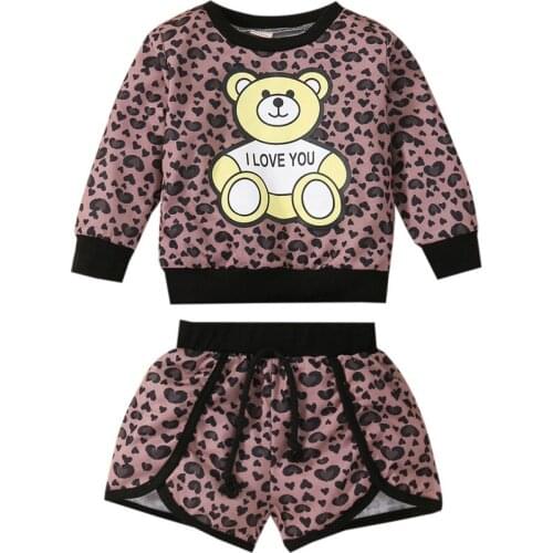 2021 0-6Y Fashion Kids Baby Girl Clothes Set Cartoon Bear Leopard Print Long Sleeve Sweatshirt+Shorts Spring Fall Tracksuit 2pcs