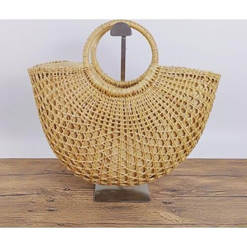 Fashion Half Round Handmade Rattan Straw Bag Women Summer Woven Hollow Beach Handbags Girls Drawing String Vacation Bohemia Bag