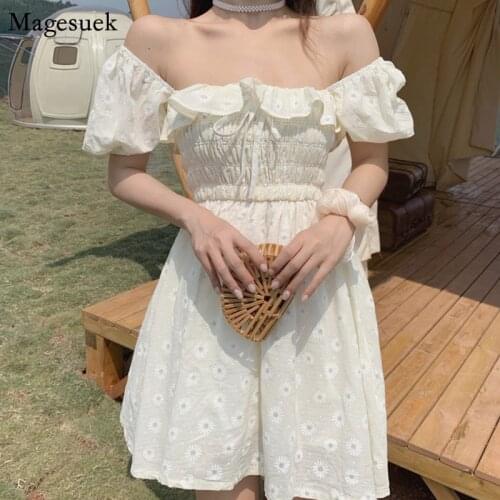 New Vinatge Puff Sleeve Floral Dress Women Vestidos Slash Neck Sexy Summer Dresses Women Ruffles Pleated Woman Dress Mini 13677