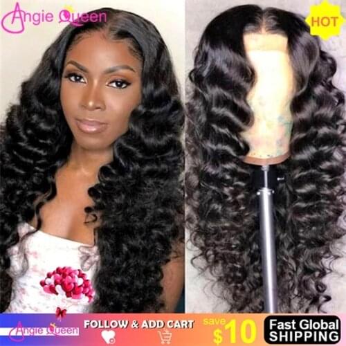 ANGIE QUEEN Lace closure Human Hair Wigs 4x4 Closure Lace Wig Peruvian Hair Deep Wave Lace closure Wigs Remy Hair Wigs