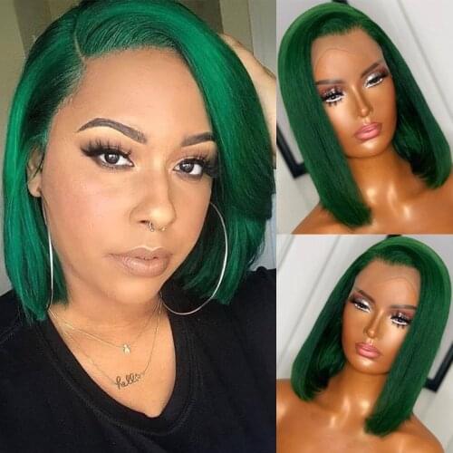 Straight Bob Human Hair Wigs Green Color Lace Front Wig Brazilian Remy Lace Closure Wig For Women Pre Plucked T Part Lace Wig