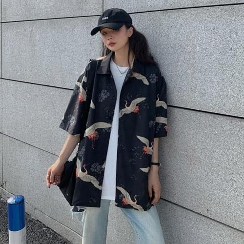 Oversized Girl Shirt Half Sleeve Harajuku Black Hawaiian Korean Summer Thin Print Crane Couple Anime Streetwear Plus Size Tops