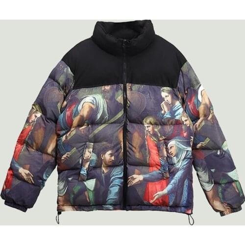 Hip Hop Streetwear Mens Winter Thicken Warm Parkas Harajuku Vintage Painting Patchwork Oversize Coats Couples Casual Down Parka